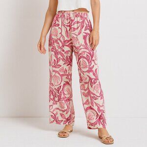 Pink Floral Cotton Linen Blend Resort Wear Boho  Pants Lightweight Size M/L